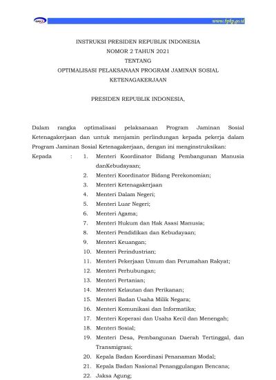 INSTRUKSI PRESIDEN REPUBLIK INDONESIA NOMOR 2 TAHUN 2021 TENTANG