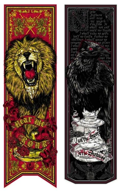 Two Bookmarks With An Image Of A Lion And A Raven On Them One In Red