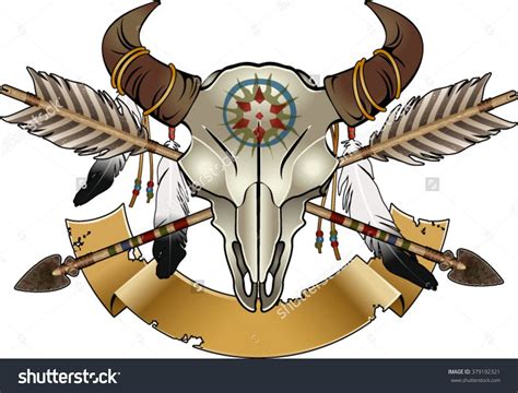 Native American Indian Symbol Buffalo Skull With Arrows And Feathers