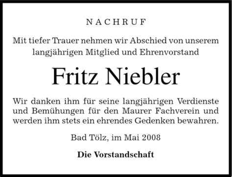 Traueranzeigen Von Fritz Niebler Trauer Merkur De