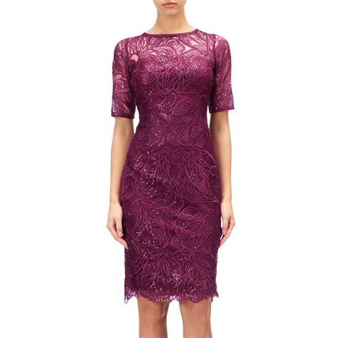 Adrianna Papell Lace Sequin Illusion Neckline Dress Cabernet