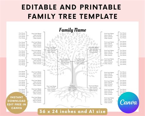 Editable Family Tree Template - Family Tree Chart Printable - 5 ...