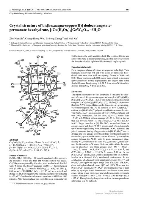 Pdf Crystal Structure Of Bis Hexaaqua Copperii Dodecatungstategermanate Hexahydrate Cu