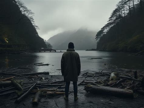 Premium Photo A Man Standing In Front Of A River With Logs And Trees