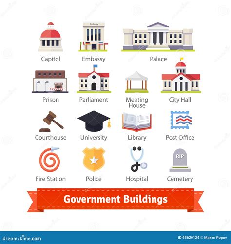 Government Buildings Colourful Flat Icon Set Stock Vector