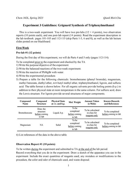 Chem 342L Experiment 3 Guidelines Grignard 2023S 1 Chem 342L Spring