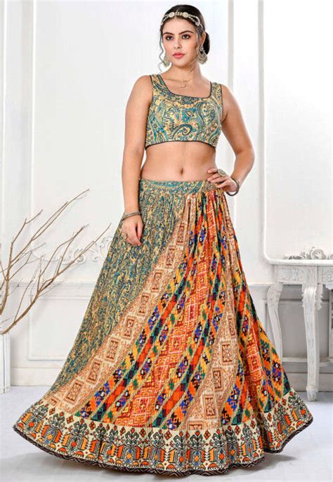 Buy Digital Printed Art Silk Accordion Pleated Lehenga In Multicolor