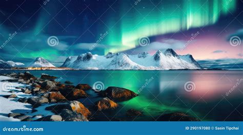 Aurora Borealis Over The Sea Snowy Mountains And City Lights At Night