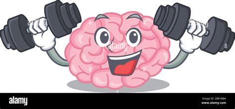 Mascot Design Of Smiling Fitness Exercise Human Brain Lift Up Barbells