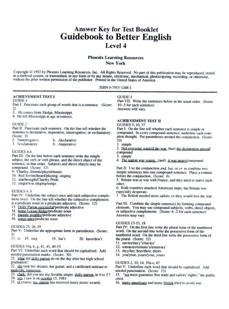 Guidebook To Better English Level 4 Test Answer Key Grammar