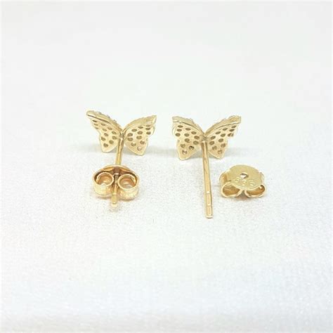 14K Real Solid Gold Butterfly Stud Earrings For Women