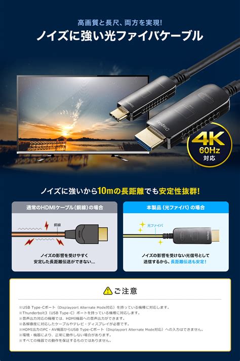 Usb Type C To Hdmi 変換ケーブル 光ファイバー 10m 4k 60hz Macbook Ipad Tv ブラック Yk