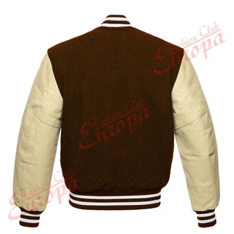 Brown Varsity Letterman Wool Jacket With Cream Real Leather Sleeves Xs 4xl Ebay