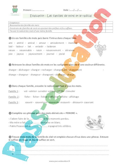 Evaluation Familles de mots CM1 Cycle 3 Bilan et controle corrigé