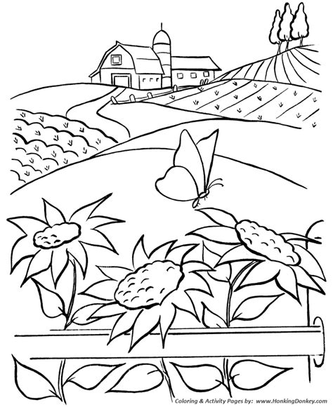 Farm Life Coloring Pages | Printable Farm barn, sunflowers and a butterfly Coloring Page ...