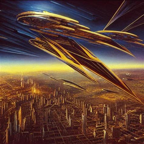 Cyberpunk Starship Soaring Over City Atmospheric Stable Diffusion