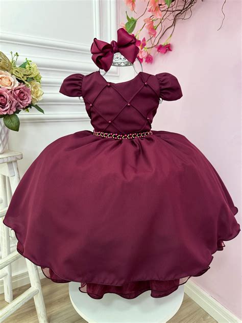 Vestido Infantil Marsala Cinto de Pérolas Casamento Luxo Rosa