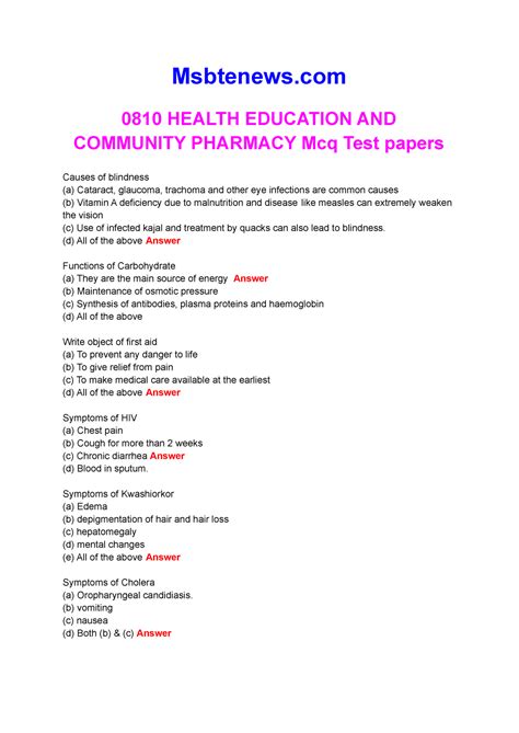 Health Education And Community Pharmacy Mcq With Answers Pdf