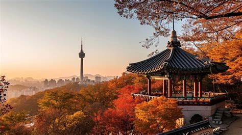 Premium Photo Namsan Tower And Pavilion During The Autumn Leaves In