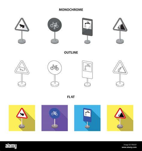 Different types of road signs flat,outline,monochrome icons in set ...