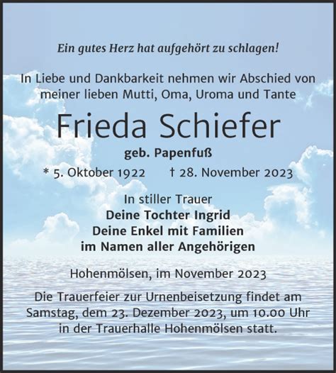 Traueranzeigen Von Frieda Schiefer Abschied Nehmen De