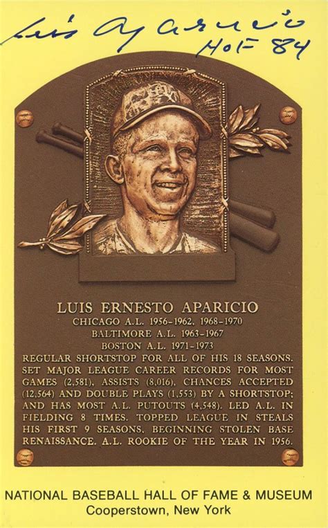 Luis Aparicio Signed Hall Of Fame Plaque Postcard Inscribed HOF 84