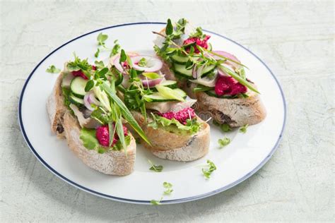 Smorrebrod Traditional Danish Open Sanwiches Dark Rye Bread Wi Stock