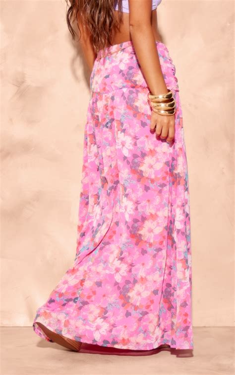 Hot Pink Floral Print Twist Front Maxi Skirt Bottoms