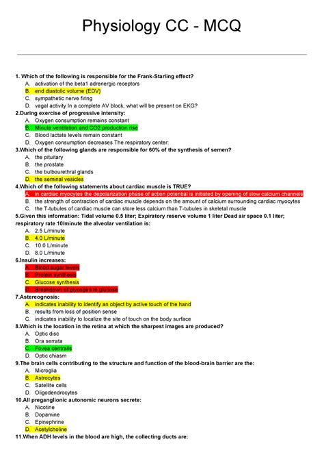 Physiology EXAM MCQ Questions Answers Physiology CC MCQ 1