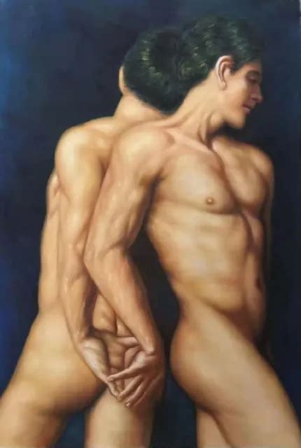 TABLEAU PEINTURE ORIGINALE huile sur toile homme nu intégrale gay male