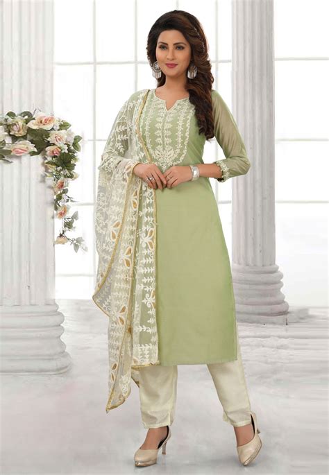 Light Green Cotton Readymade Pant Style Suit Fashion Pants