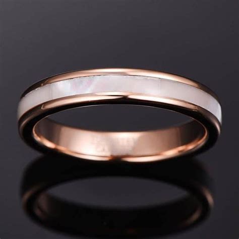 Womens Rose Gold Tungsten Ring With Mother Of Pearl Inlay