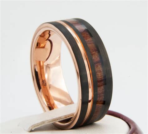 Black Tungsten Ring Rose Gold Wedding Band Wood Inlay Groove Men 8mm Comfort Fit Design Size 4