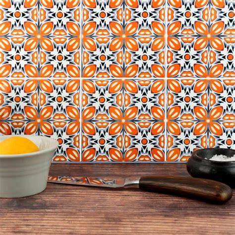 Set Of 20 Orange Flower Ceramic Tiles Geometric Splash Back Etsy Splashback Tiles Flower