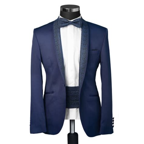 Slim Fit Hochzeitsanzug In Blau Satin Anzug Sakko Weste Kummerbund