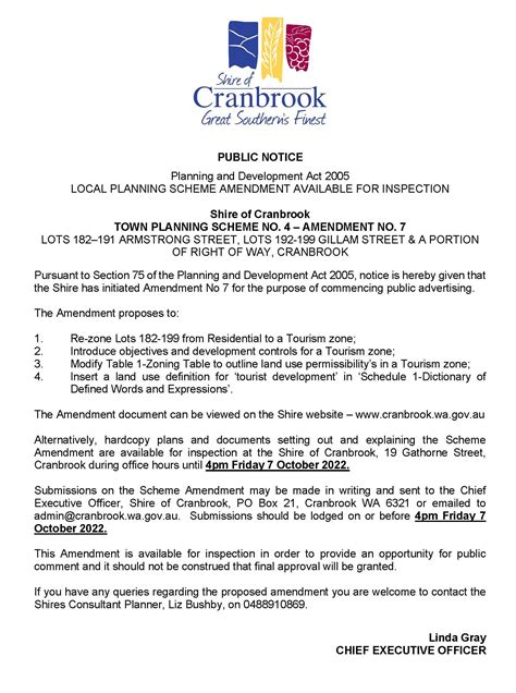 CLOSED Public Consultation Amendment No 7 Shire Of Cranbrook Town