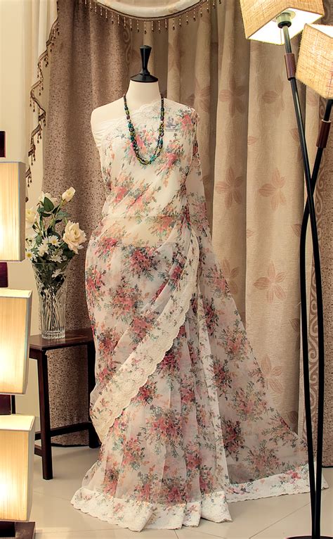 Hooreen White Floral Organza Saree With Lace Ranai By Areeba Khan