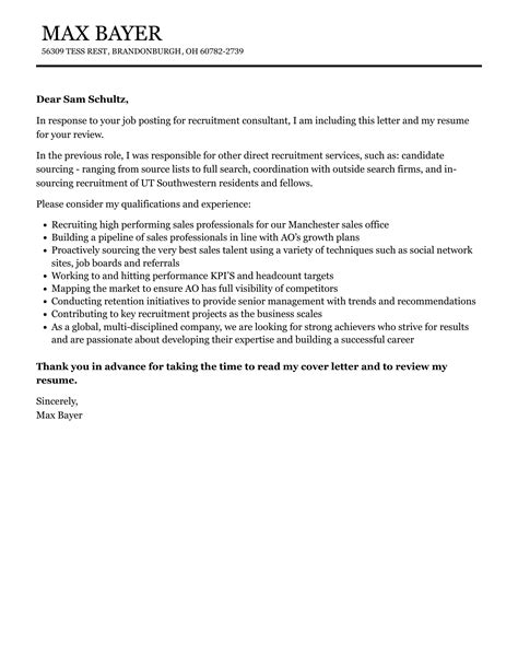 Recruitment Consultant Cover Letter Velvet Jobs