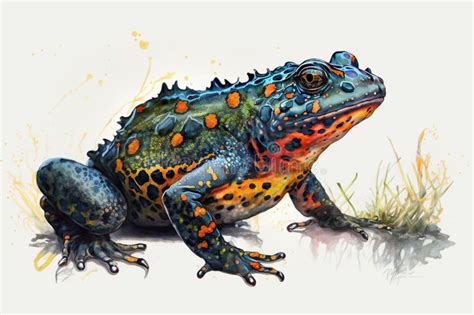 Oriental Fire Bellied Toad In Style Of Watercolor Pencils On White