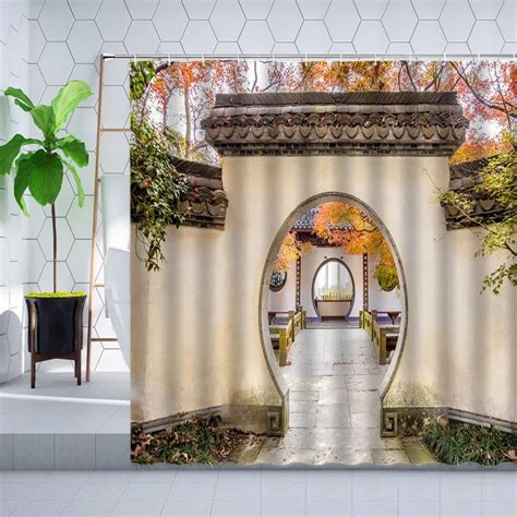 Chinese Garden Shower Curtain Asian Traditional Architectural Landscape