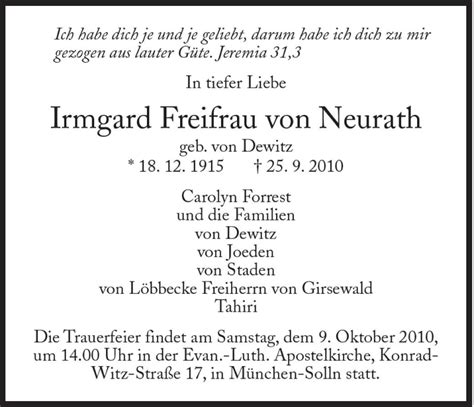 Traueranzeigen Von Irmgard Freifrau Von Neur Sz Gedenken De