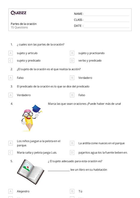 50 Partes de la oración hojas de trabajo para Grado 2 en Quizizz