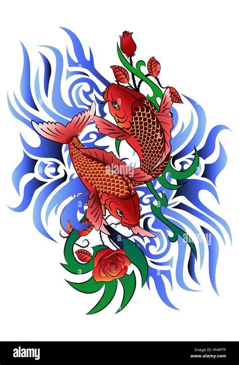 Illustration Of A Two Koi Fish On Wave Tattoo On White Background Stock