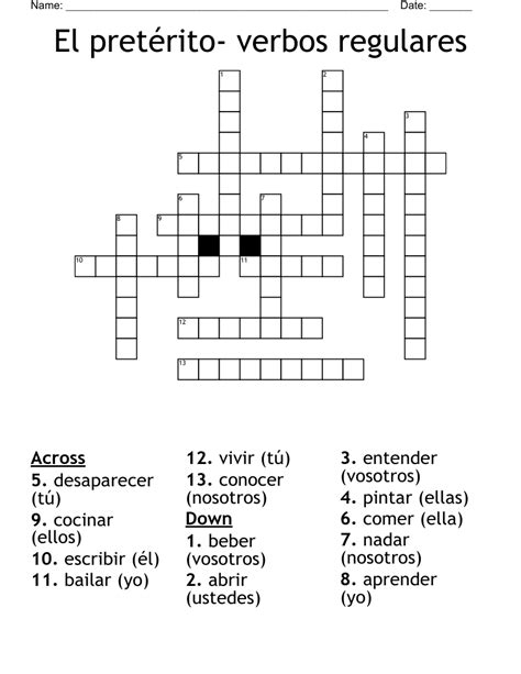 El Pretérito Verbos Regulares Crossword Wordmint