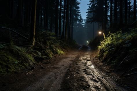 Premium Ai Image A Dirt Road In The Middle Of A Forest At Night