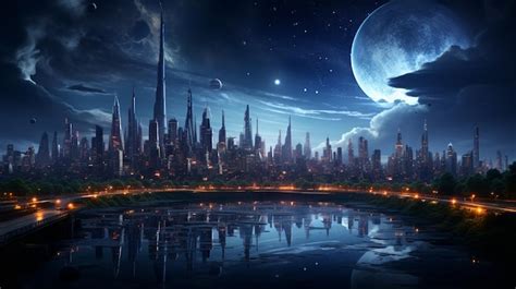 Premium AI Image | futuristic city skyline with night view skyscrapers ...