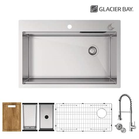 Glacier Bay 33 In Drop In Single Bowl 18 Gauge Stainless Steel Workstation Kitchen Sink With