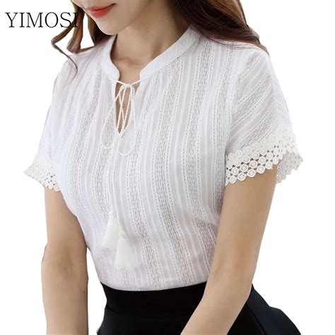 Cotton Blouse Shirt Summer Short Sleeve Women Blouses Lace