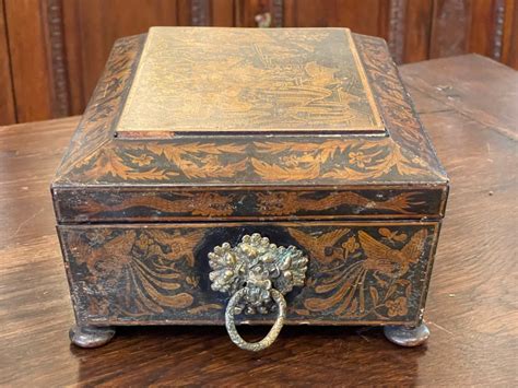 English Regency Penwork Double Handled Jewelry Box Chinoiserie