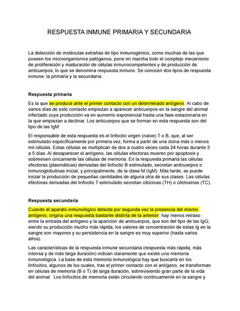 Respuesta Inmune Primaria Y Secundaria Respuesta Inmune Primaria Y